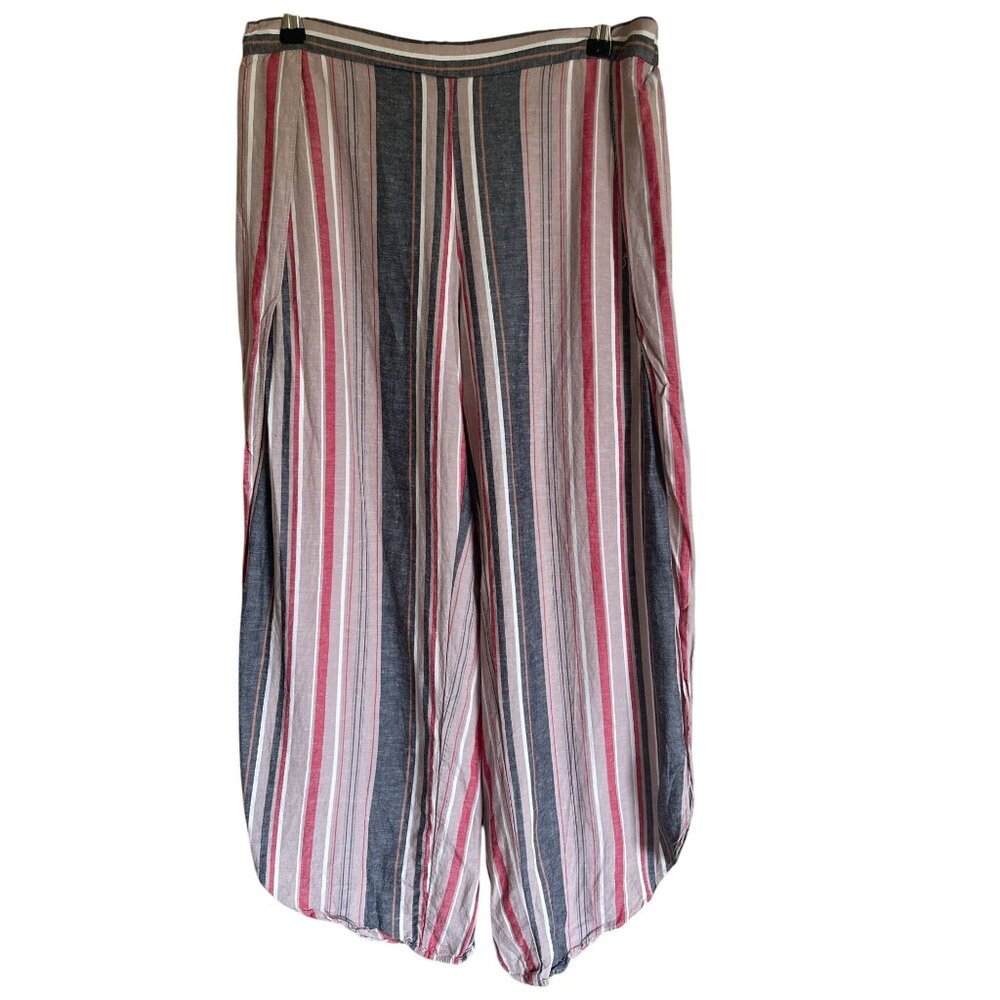 DREW Women's Striped Linen Blend Wide Leg Side Slit Pants Beachy Bohemian Relaxe